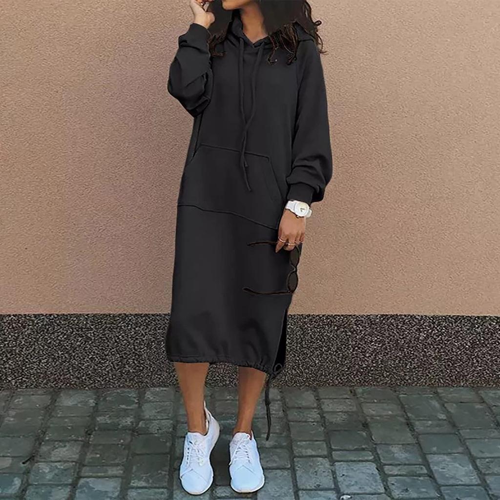 Women's Casual Long Sleeve Hooded Pocket Loose Sweatshirt Dress