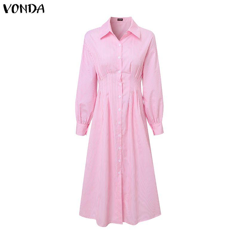 

VONDA Женское повседневное платье с отложным воротником, длинными рукавами, в полоску, с приталенным силуэтом и плиссировкой 3XL розовый