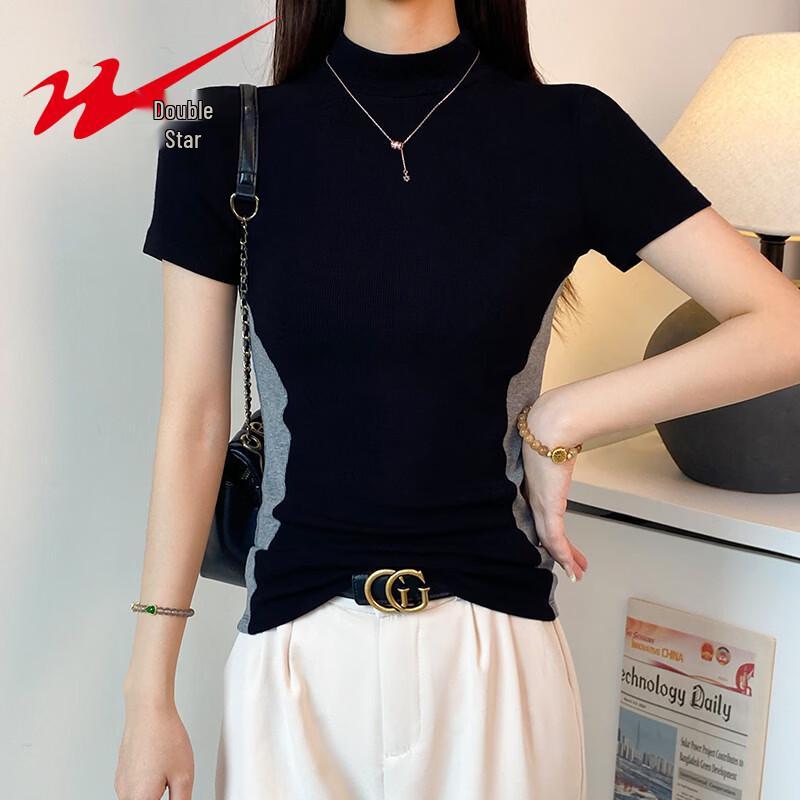 Women s Contrast Patchwork Half-High Collar Short Sleeve T-Shirt XXL