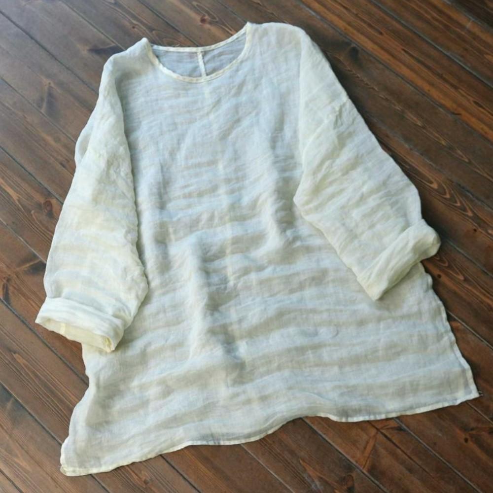 Johnature Damen Vintage T-Shirts Frühling Chinesischer Stil Rundhalsausschnitt Langarm Einfarbige Lockere Weiche T-Shirts