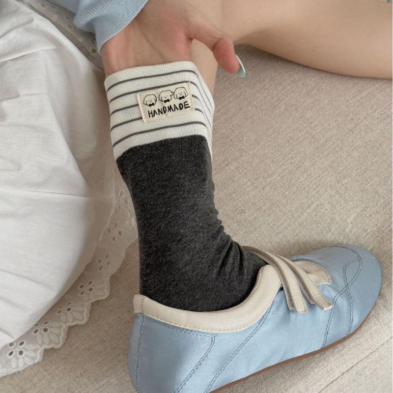 Ladies Autumn Cartoon Cute Dog Cloth Logo Striped Polka Dot Contrast Color Cotton Medium Tube Pile Socks