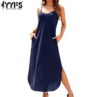 Women's Fashion Summer Spring Solid Color Print Sleeveless V-Neck Loose Waistline Casual Dresses