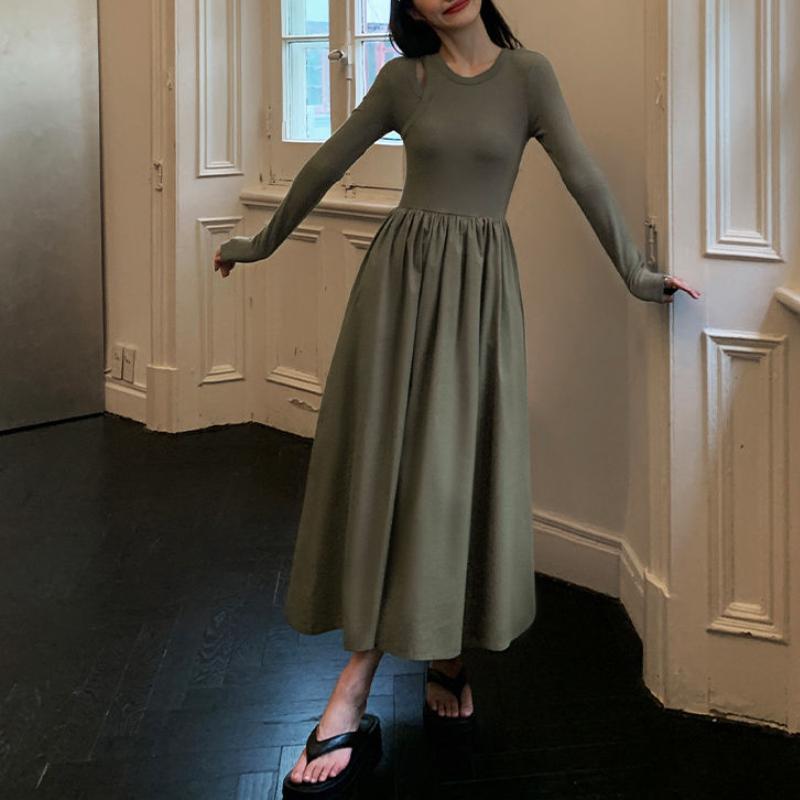 Vestido negro vintage para mujer, elegante, ajustado, con agujeros, de punto, de manga larga, con cuello redondo, para oficina, otoño e invierno