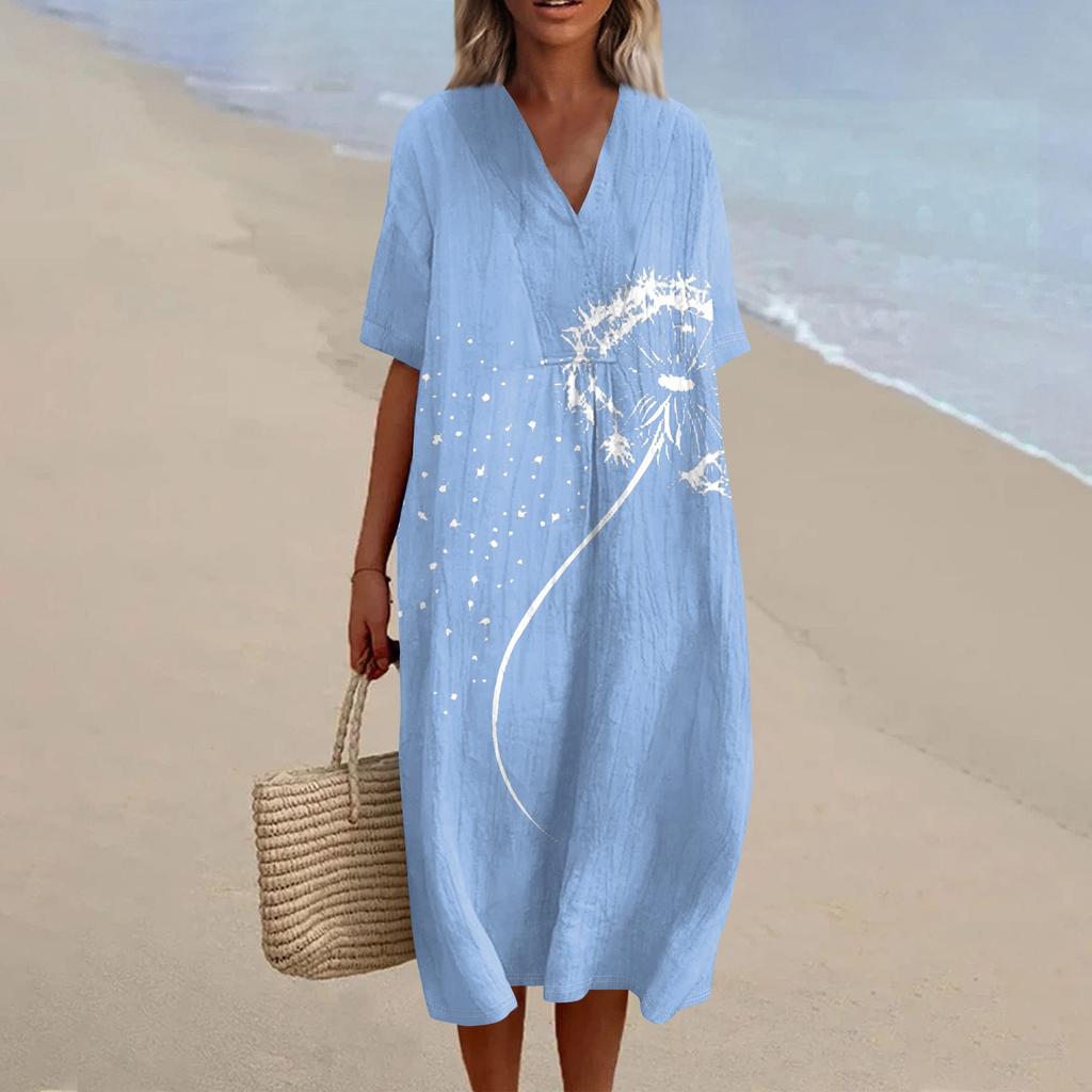Damen Locker Lässig Mode V-Ausschnitt Bedrucktes Kleid Strandrock