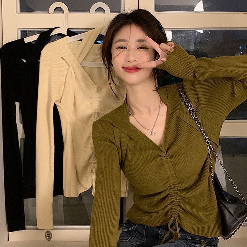 Damen-T-Shirt mit langen Ärmeln und Kordelzug vorne an der Schulter, Top für Frauen