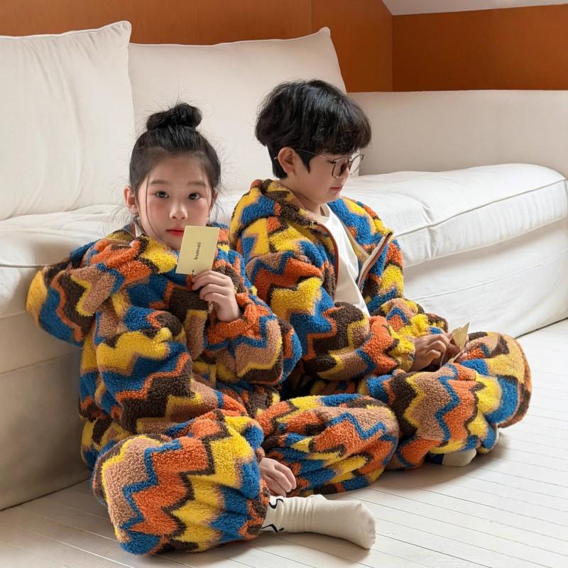 Kids Cute Striped Hooded Pajamas Set Winter Warm Loungewear Boys Girls