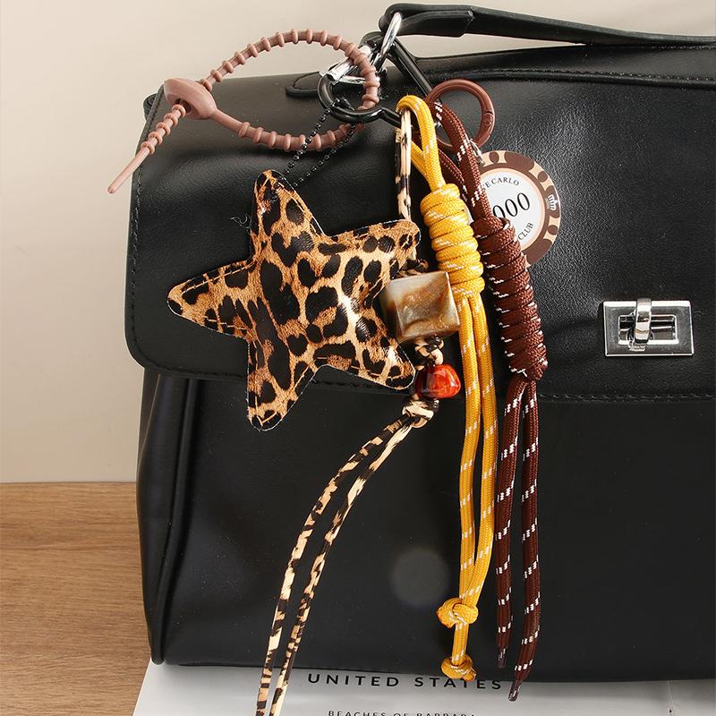 Starfish Bag Pendant Cute Leopard Bear Rainbow Leather Decorative Keychain Fashion Braided Rope Bag Gift All-purpose Accessory