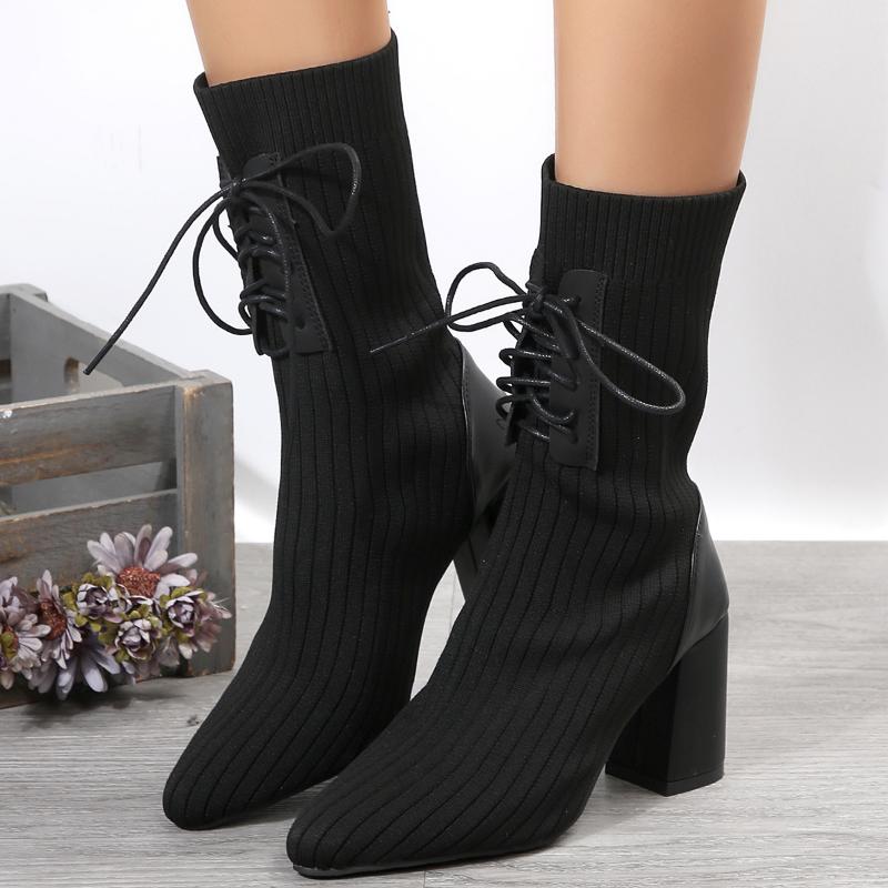 Women Knit Socks Shoes Stretch Fabric Women Luxury Ankle Boots Pointed Toe High Heels Slip-On Sock Heeled Chelsea Boots Size 43