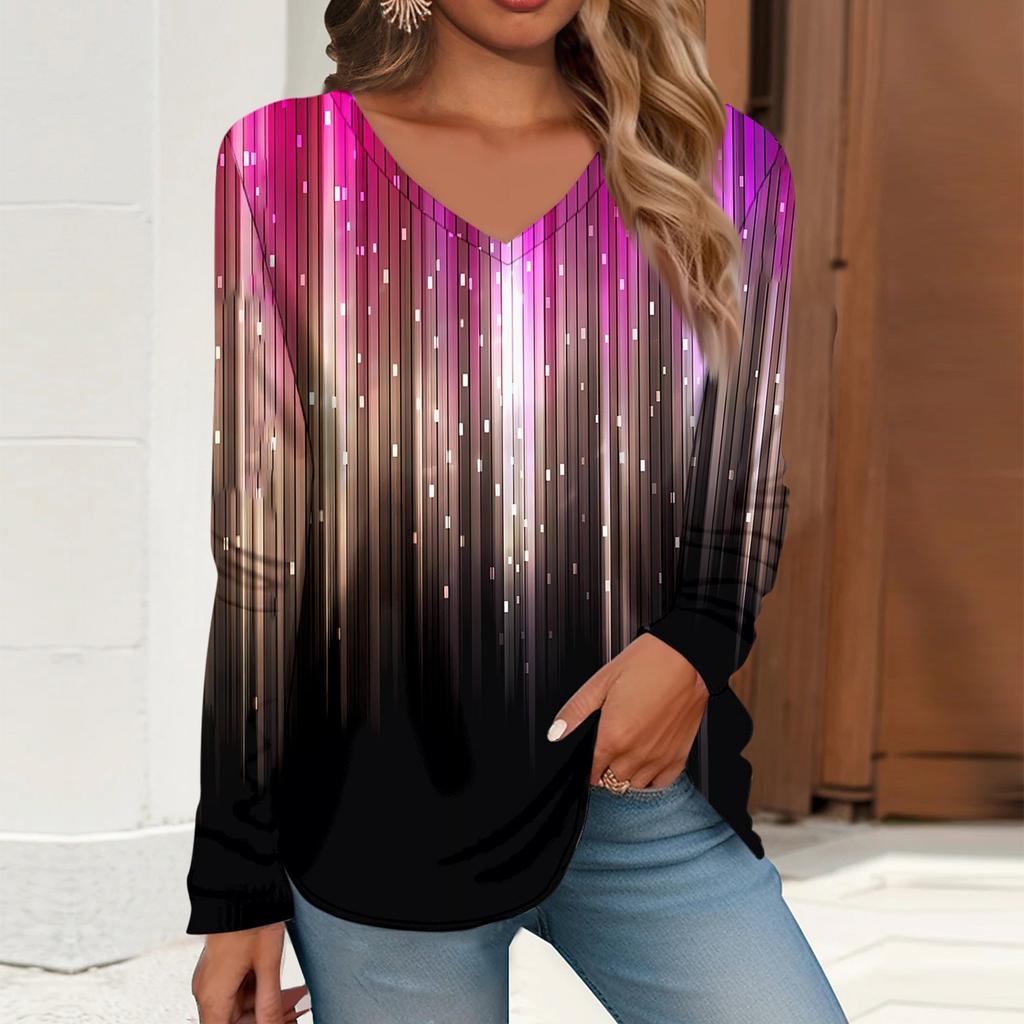 Women's T Shirt Tee Print Long Sleeve Daily Weekend Daily Basic V Neck Regular  Fall Winter Tops