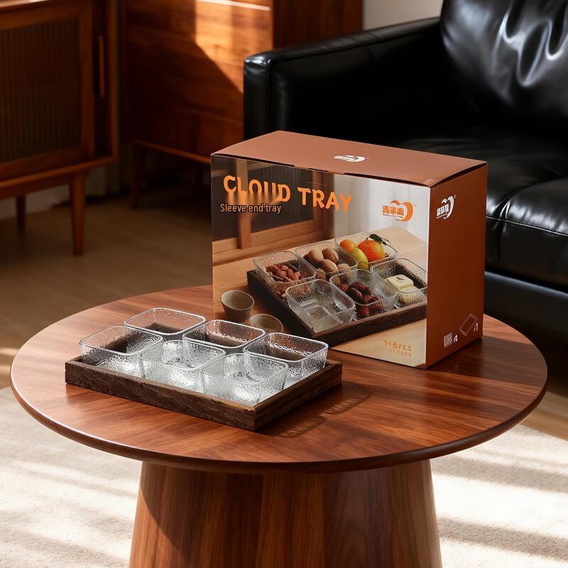 Green Apple Style 6-Bowl Hammered Glass Snack Plate Set with Wooden Tray