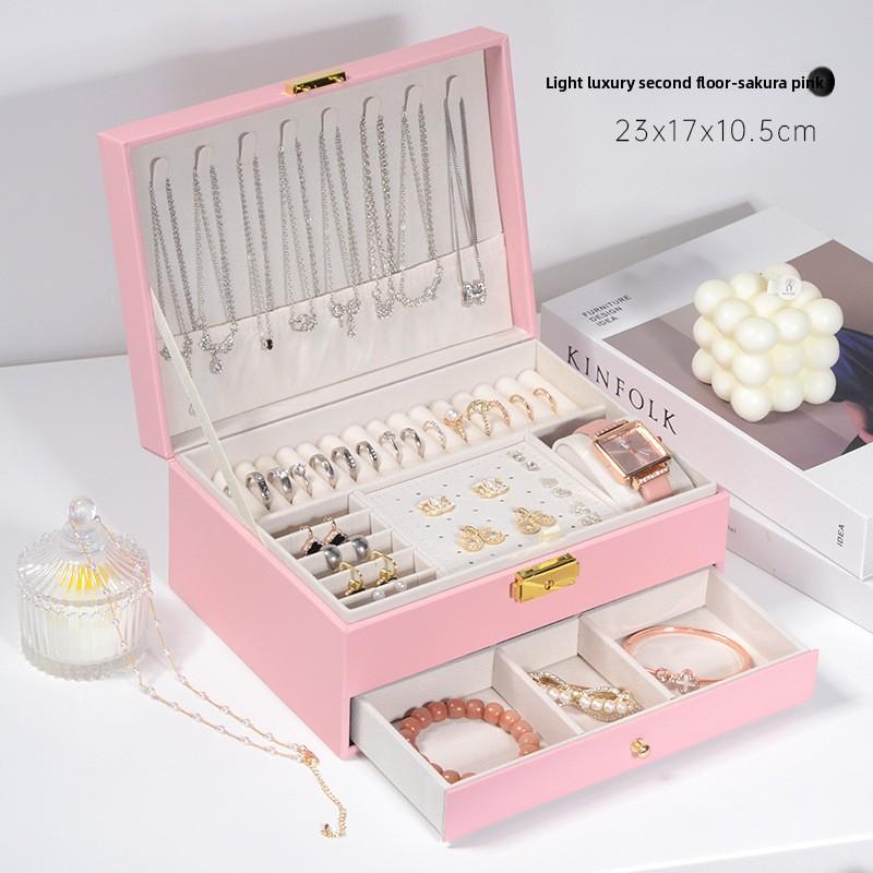 

Jewelry storage box - large capacity, high-end, exquisite earring & stud organizer with lock - necklace, bracelet, and ring jewelry box double-layer [pink] upgraded version; multi-layer