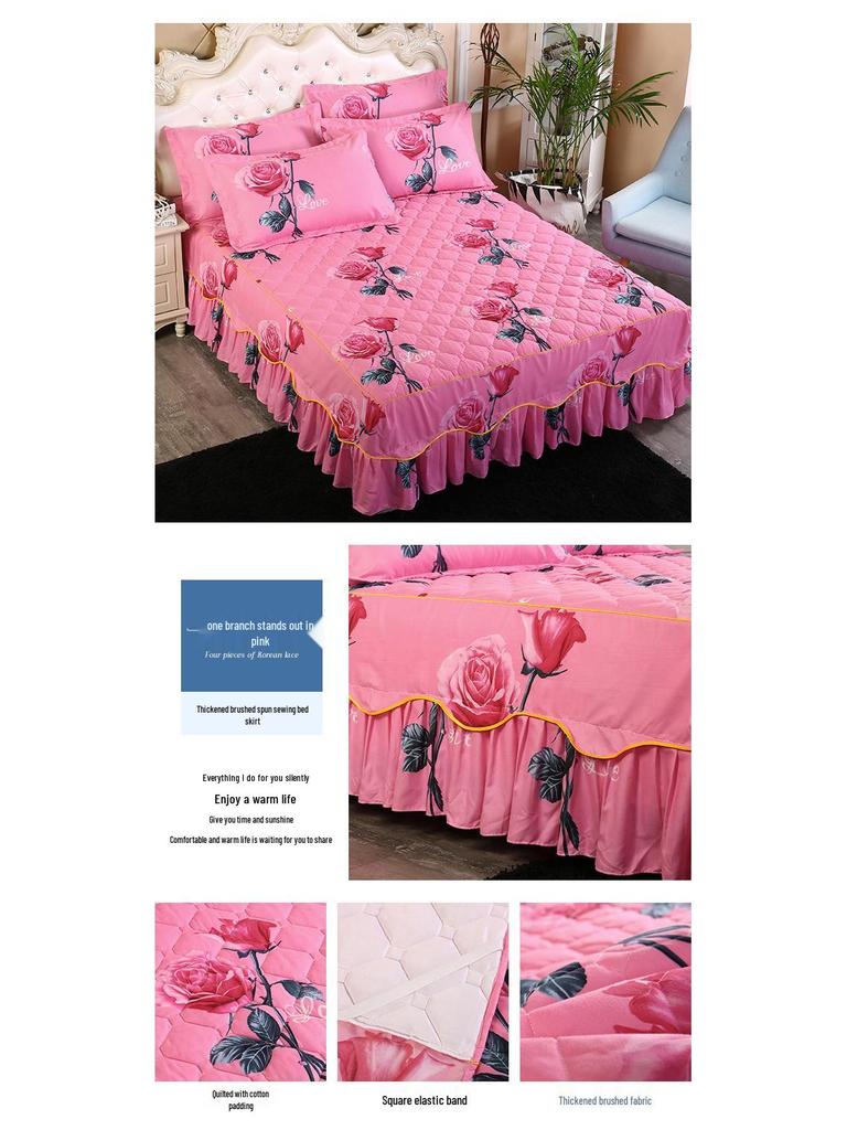 Fustă de pat prințesă matlasată cu dantelă în stil coreean – Cuvertură de pat groasă, din mătase periată, rezistentă la praf