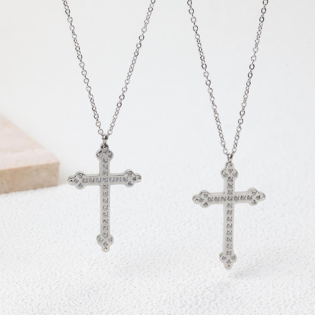 Sweet Cool Hip Hop Zircon Cross Necklace Titanium Steel Necklace Does Not Fade Hip Hop Gothic Men'S Necklace