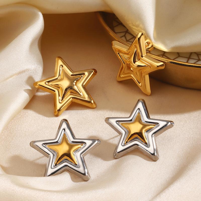 Stainless Steel Five-Pointed Star Stud Earrings for Women Classic Gold Silver Mixed Color Earrings Jewelry Accessories Gifts