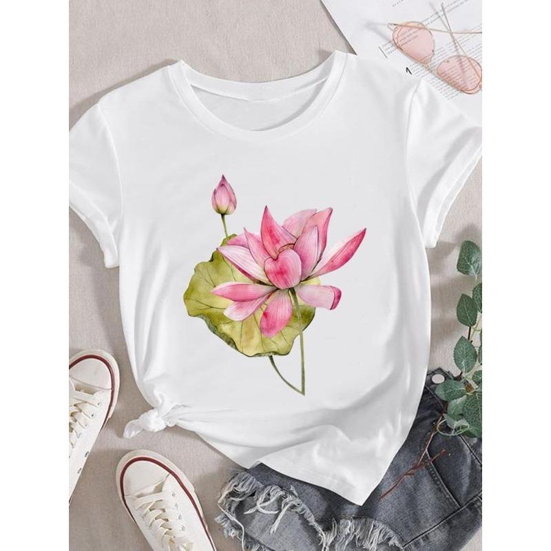 (European Size)  Lovely Women Short Sleeve Fashion Tee Trend Watercolor Style Top Clothing Print Lady Casual T-shirt Female Graphic T-shirts