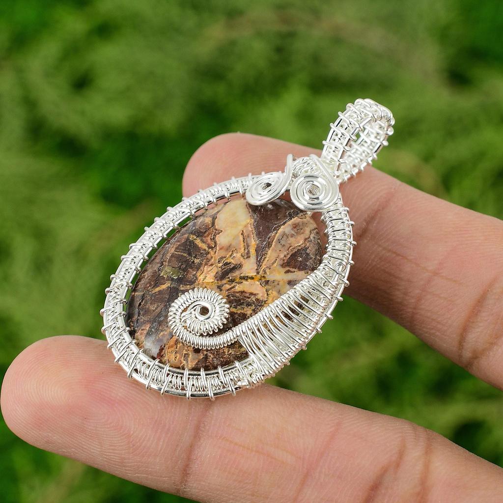Anniversary Gift For Her Natural Coconut Jasper Pendant Wire Wrap 925 Silver