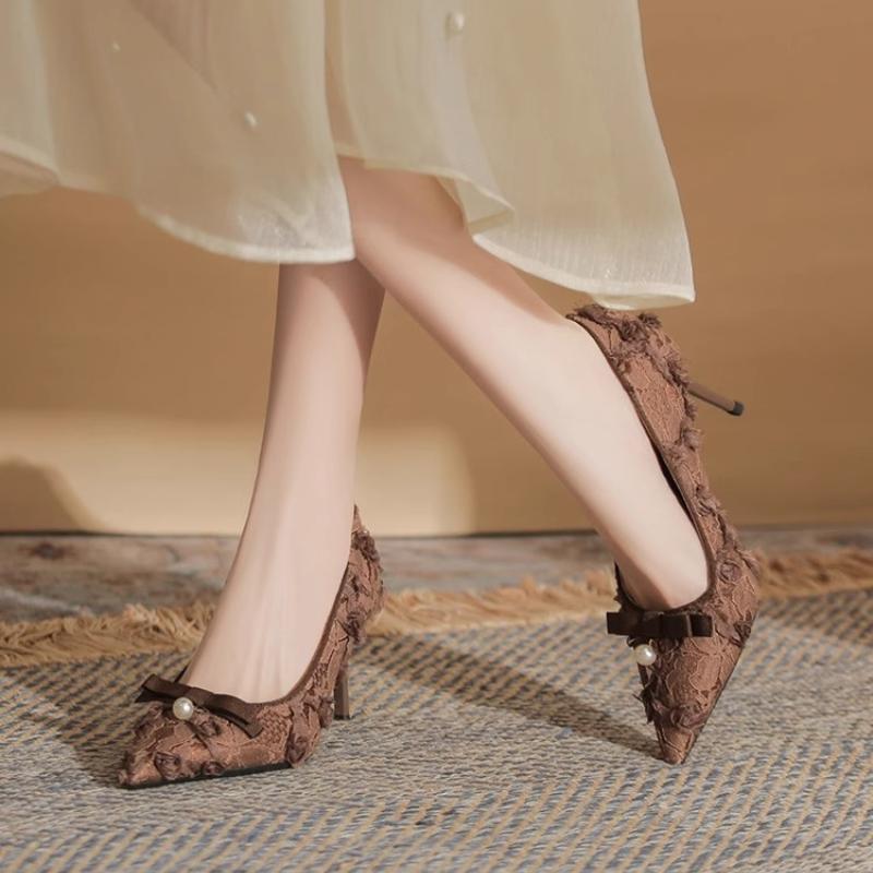 Fashion Flowers Bow Women Lace Mesh Pointy Toe High Heels Elegant Ladies Designer Stiletto Pumps Summer Dress Shoes Black Pink