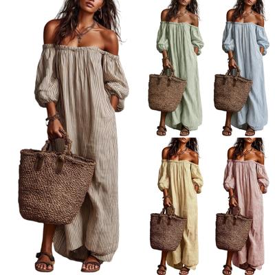Off-Shoulder Langarm Locker Geschnitten Gestreiftes Maxikleid für Damen Lässiger Bohème-Stil Leichter Stoff