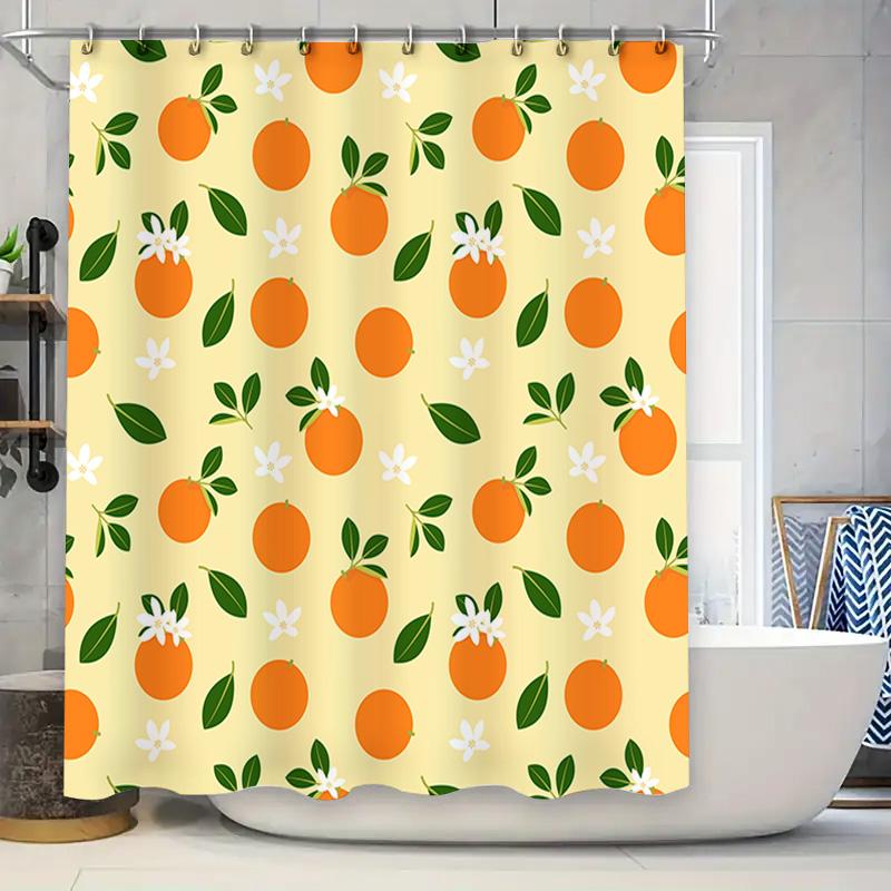 

Orange Shower Curtain With Lemon Print, Green Leaves White Flowers Bath Decor For Bathroom Polyester Fabric Shampoo Caddy Bag Wi W60H190(CM)-1 Pcs