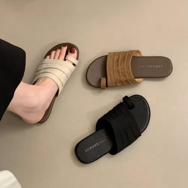 Design sense sleeve toe flat slippers women's outer wear summer new casual one-word drag temperament beach women's shoes