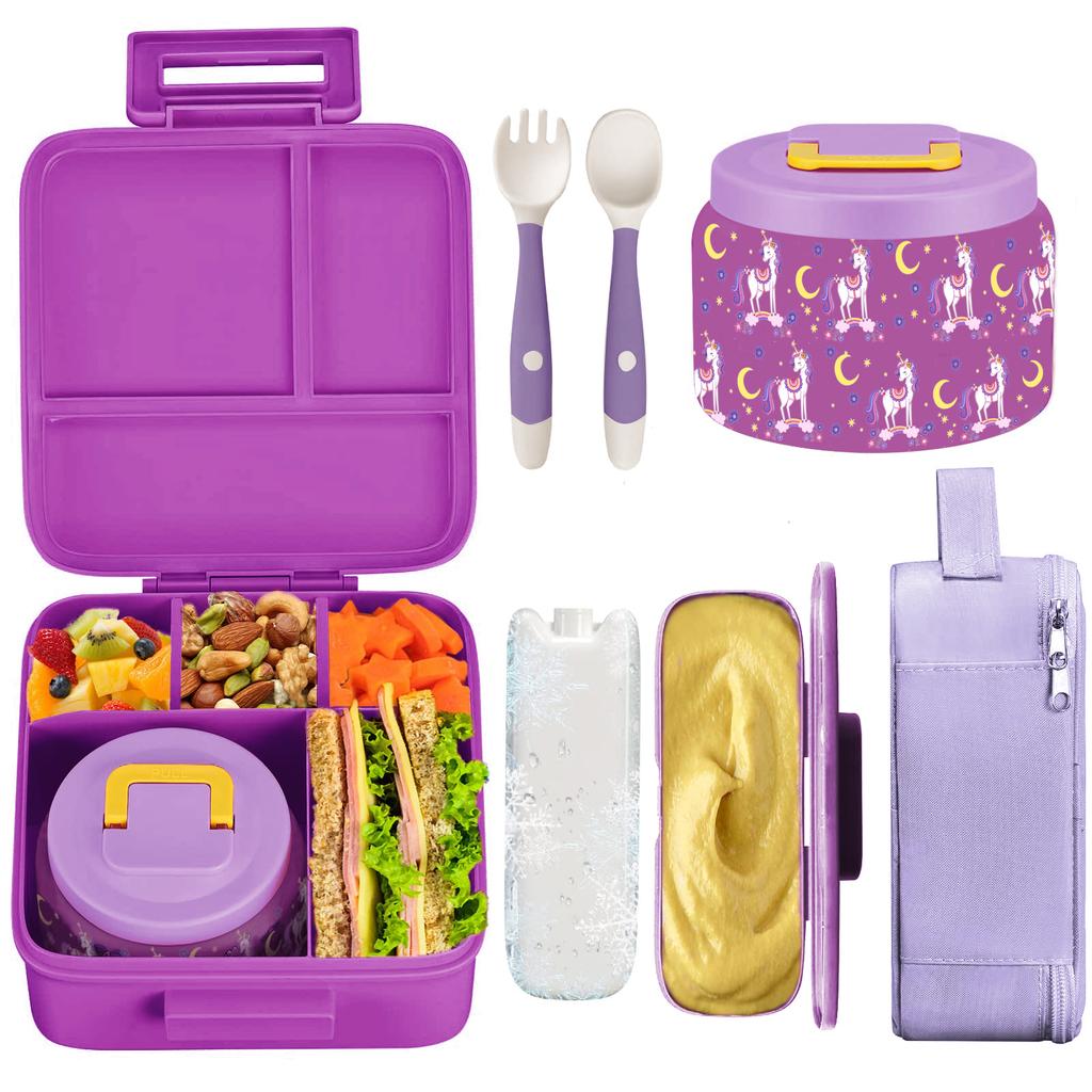 Bento-Lunchbox für Kinder mit isoliertem 237-ml-Vakuum-Lebensmittelbehälter, Lunchtasche, Kühlakku und biegsamer Gabel und Löffel, auslaufsicher