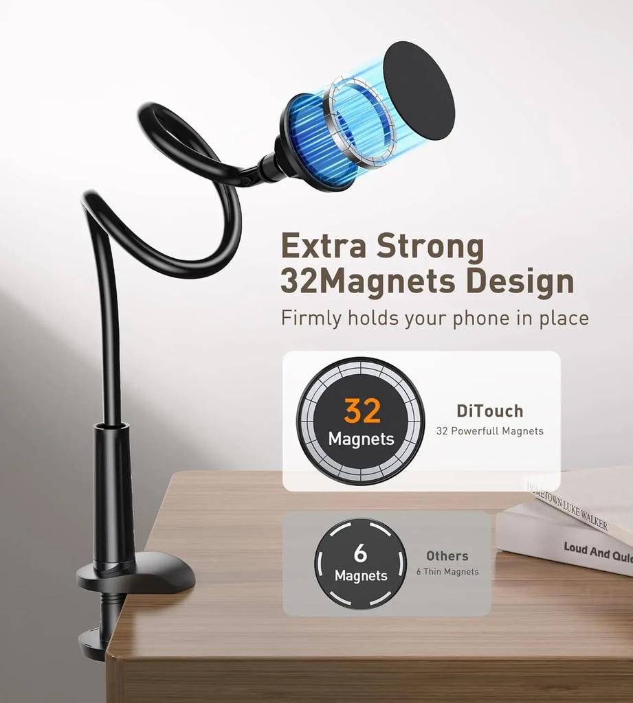 Magnetic Mobile Phone Stand Gooseneck Office Home 360° Rotation Bed Table Foldable Holder with Metal Rings for iPhone 16 15 14