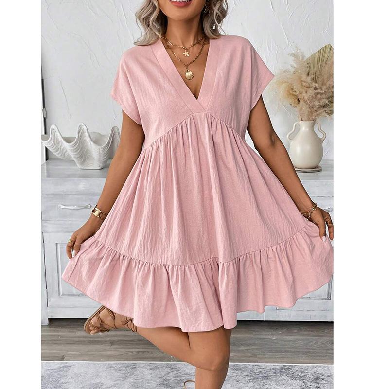 Summer Womens Short Sleeve Cotton Linen Mini Dress Ladies Pleated Ruffle Solid Dresses Casual V Neck Vintage Loose Vestidos