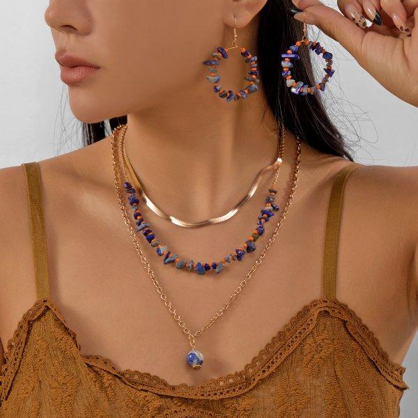 

Bohemian Ethnic Style Jewelry Set for Women Multi Layer Snake Chain Irregular Stone Necklace Earrings Daily Wear Party Jewelry