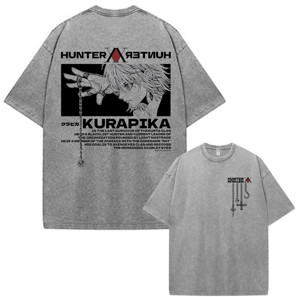 Japanese Anime Hunter X Hunter Kurapika Vintage Washed T Shirt Men Women Clothing Fashion Oversized Cotton Short Sleeve T-shirts