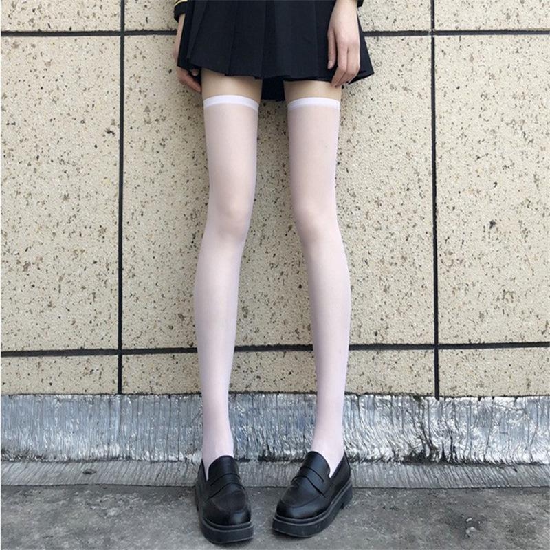Samt Schwarz Oberschenkelhoch Overknee Socken, Damen Frühling/Herbst High-Top JK Dünne Socken, Weiße Kniestrümpfe.