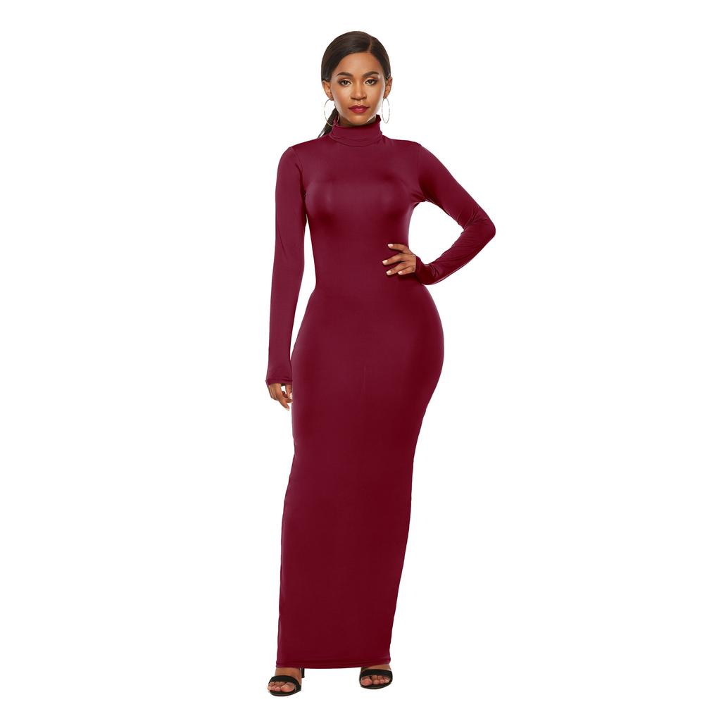 Mode Damen Sexy Partykleid Strickstil Langarm Rollkragen Winter Maxikleid Slim Arbeitskleidung Bürokleid