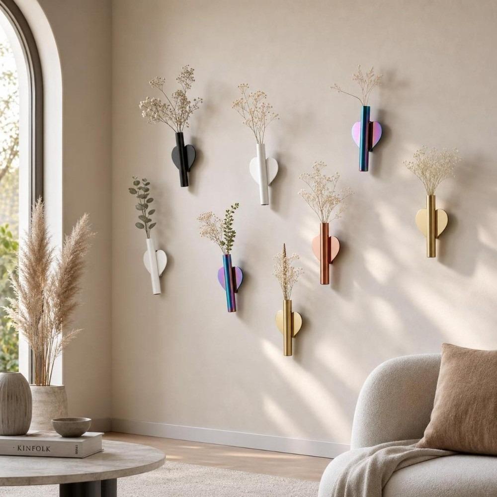 Self Adhesive Wall Flower Vase Metal Hanging Vase Creative Flower Holder Home Decor