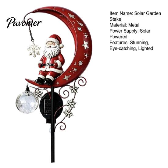 Retro Style Garden Art 31 Inch Solar-Powered Christmas Stake Light, Santa Claus on A Moon LED Pathway Auto Solar Powered Lamp Light with Snowflake