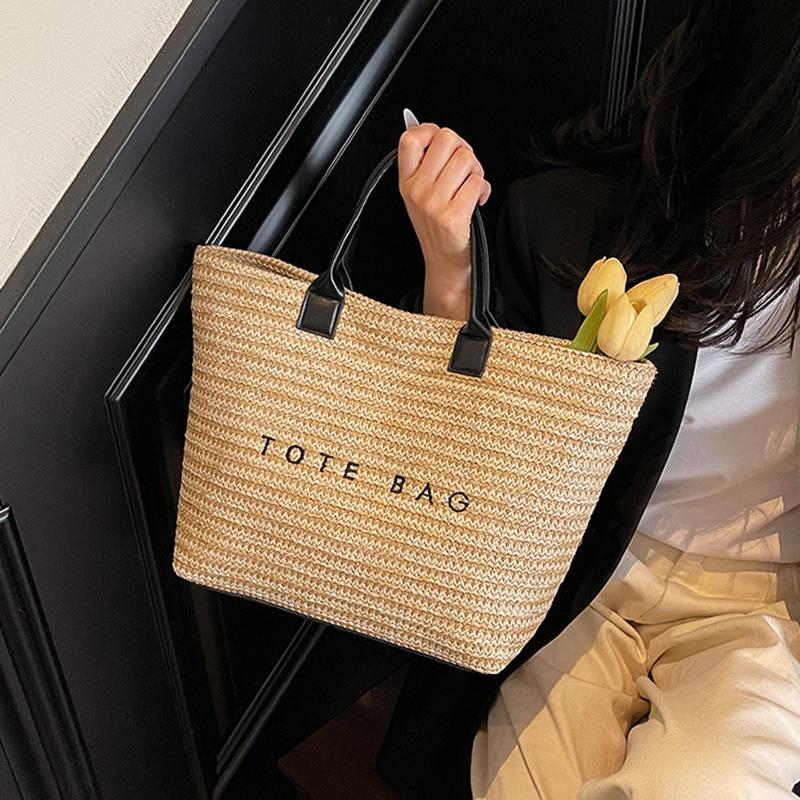 Women Straw Tote Handbag Large Capacity Crochet Beach Shoulder Bag Solid Color Weaving Travel Ladies Summer Daily Bag CLE