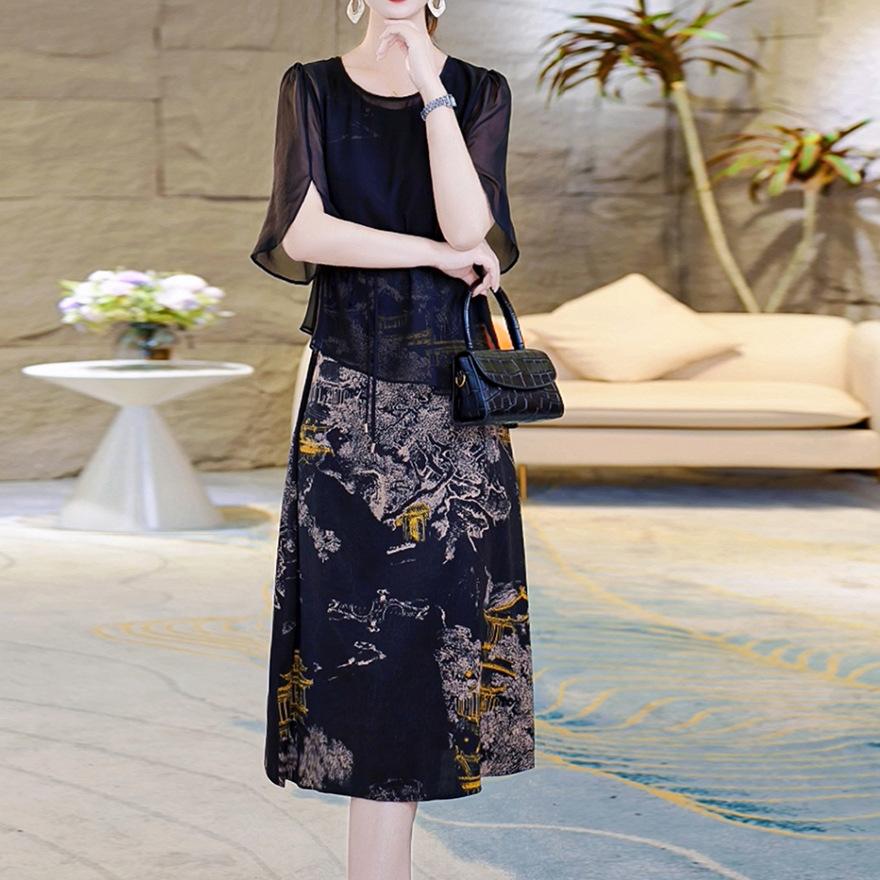 Fashion Printed Fake Two-piece Silk Dress Medium and Long Temperament Slim and Thin Mulberry Silk Skirt