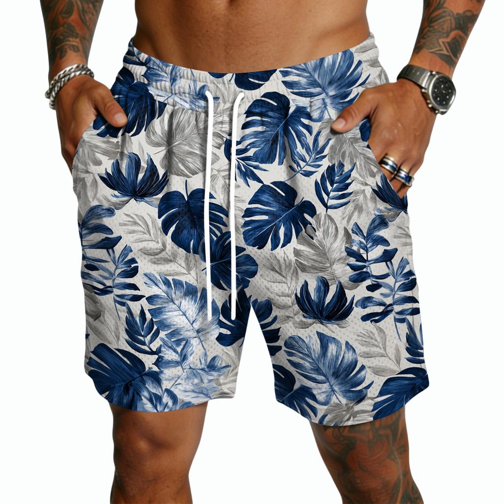 Herren Freizeitshorts mit Kordelzug Leichte Schnelltrocknende Fünf-Punkt-Länge Hawaiianischer Print Sommer Strandmode Badeshorts