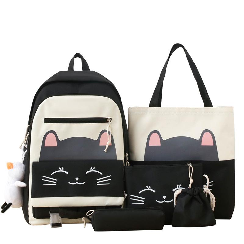 Five-piece backpack new fashion trend casual foreign style student schoolbag large capacity Korean version small fresh and cute