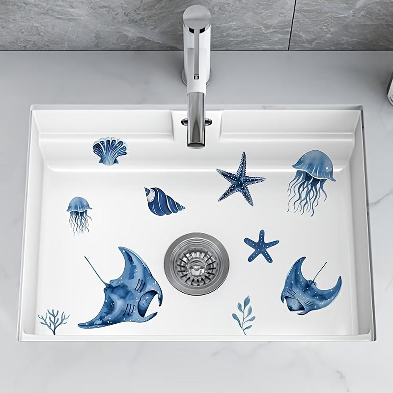 Blau Ton Meeresleben Glasaufkleber Badezimmer Waschbecken Dekorativer Aufkleber Wandaufkleber Selbstklebend Abnehmbar Hausdekoration