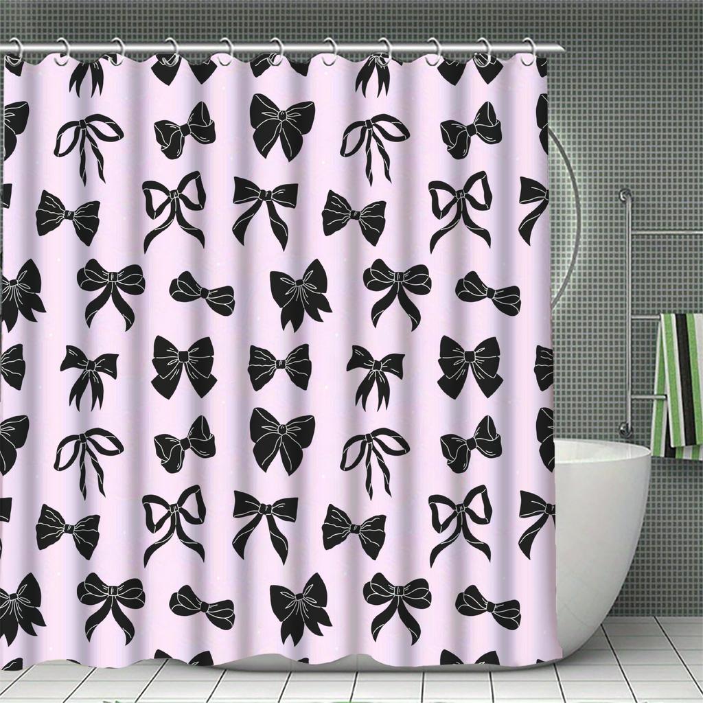 Cooles Duschvorhang-Set Rosa&Schwarz Schleife 3D-gedruckt Wasserdichter Polyesterstoff Badvorhänge Heim Badezimmerdeko Mit 12 Haken