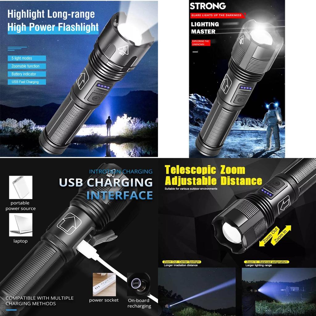 Powerful Xhp50 Led Flashlight With Usb Rechargeable Feature Ideal For Outdoor Camping And Emergency Situations