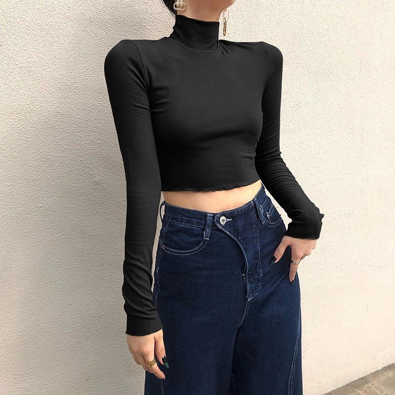 Women High Collar T-shirt Long Sleeve Pullover Solid Color Crop Top