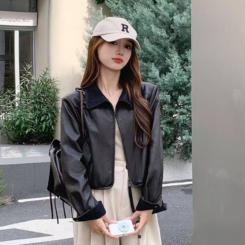 Small Lapel Short Leather Jacket Women'S Autumn Fashion Foreign Look Thin Casual Pu Leather Jacket Top
