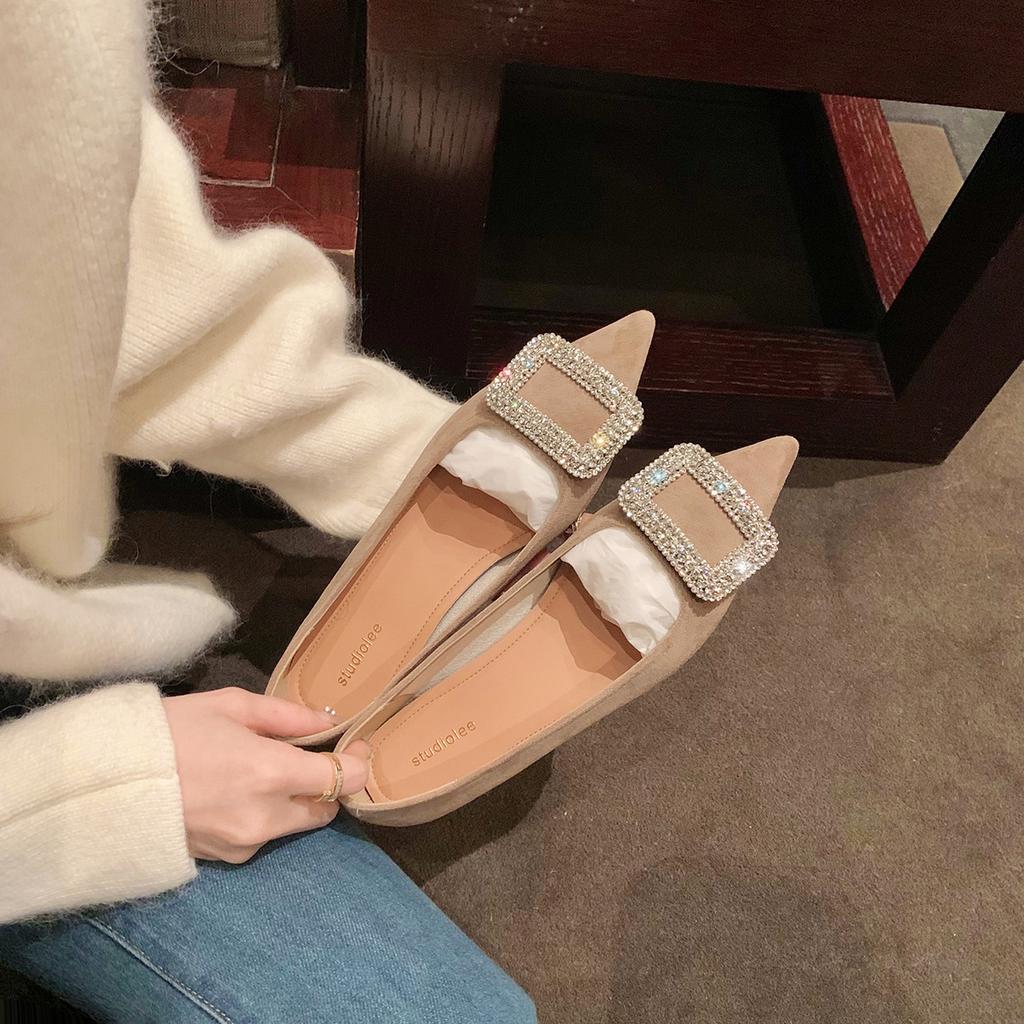 Korean drama heroine~ exquisite flash diamond square buckle temperament pointed head shallow mouth flat shoes low thick heel French celebrity single