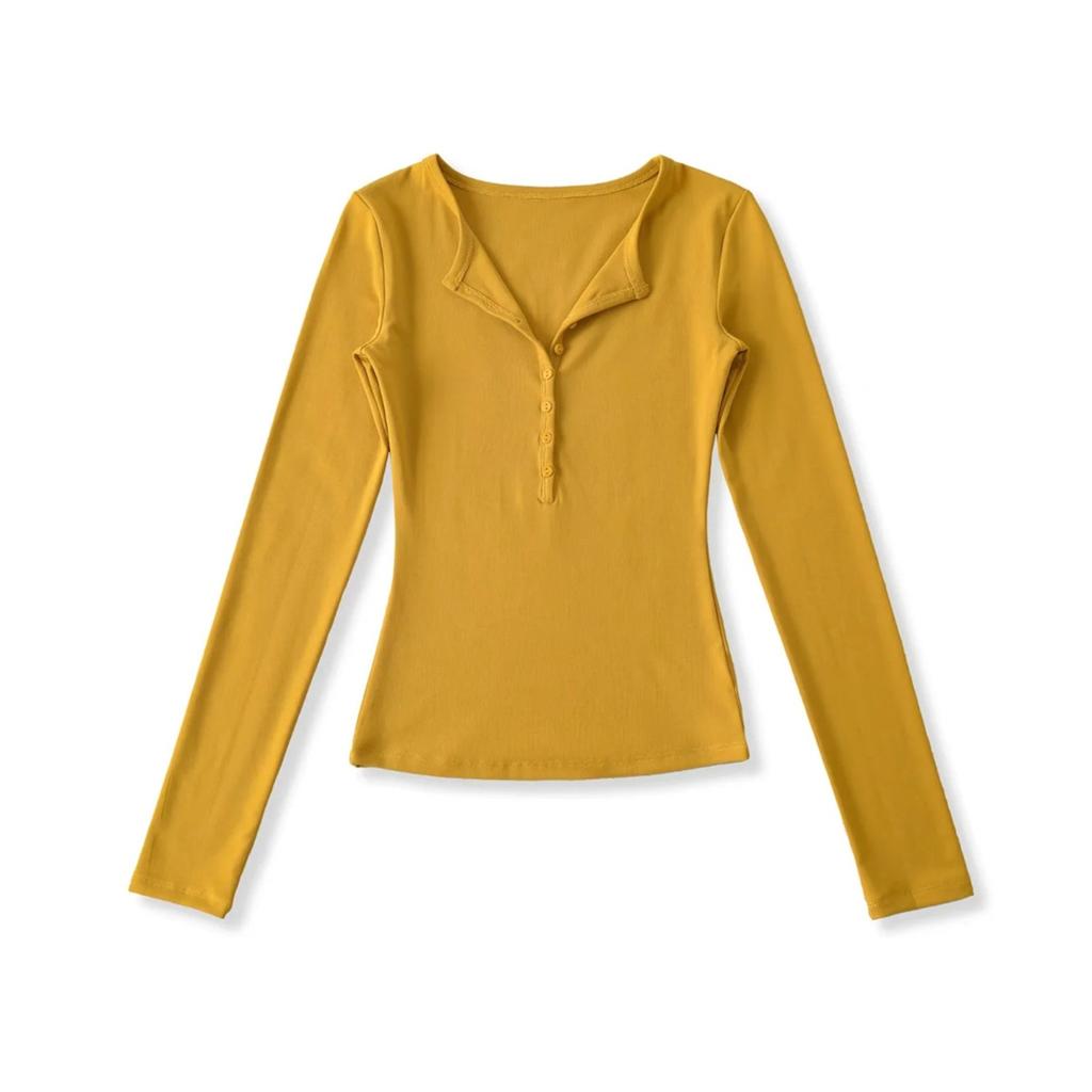 Women's V Neck Button Long Sleeve Slim Fit Top Stretch Solid Color Basic Tee