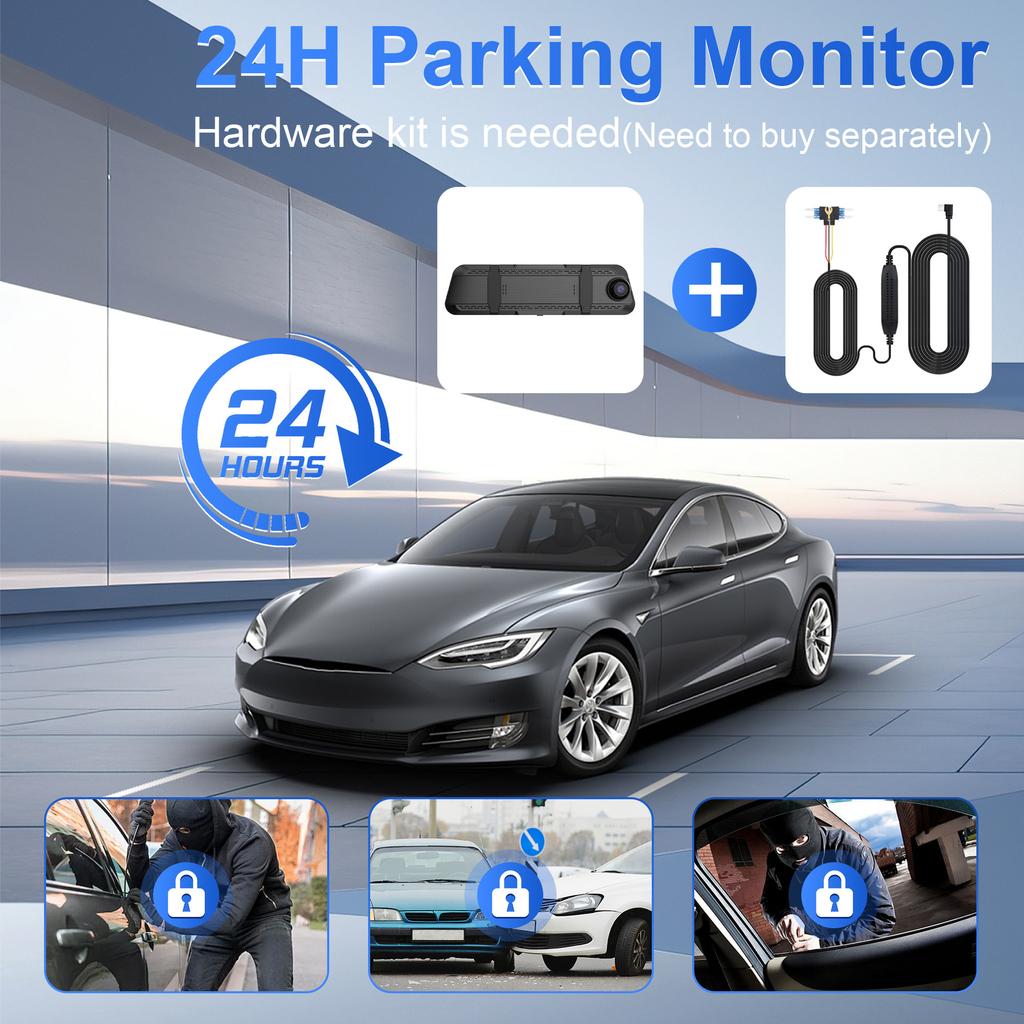 4K 10-Inch Streaming Media Dash Cam, 3 Lenses, WiFi, Night Vision, 170° Fisheye, Rearview Mirror