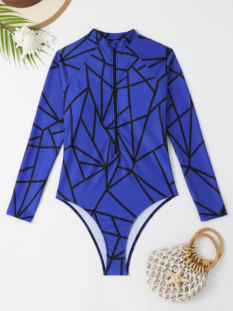 2024 Geometric Print Long Sleeve One-Piece Swimsuit for Women