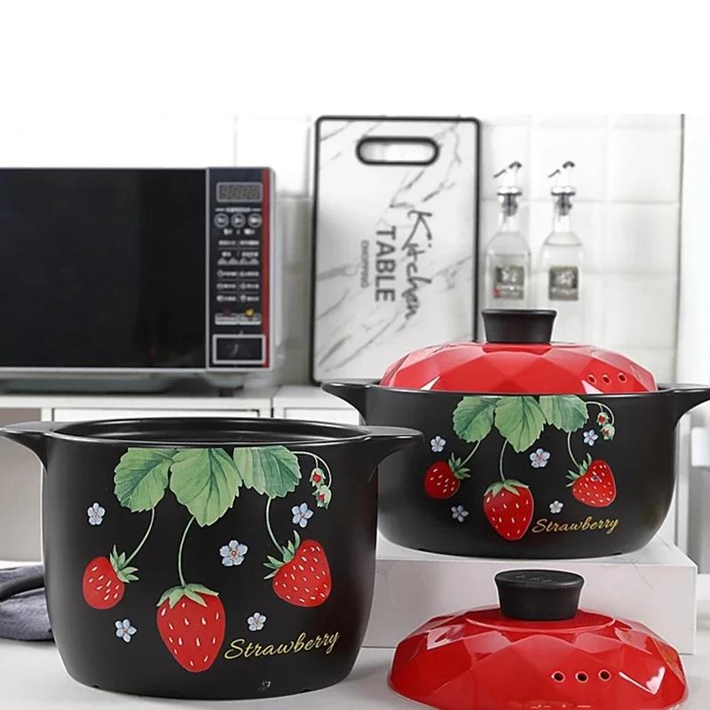 1Pcs Ceramic Casserole Cooking Soup Pot Red Strawberry Round Kitchenware Saucepan Gas Stove Cookware Household Kitchen Supplies