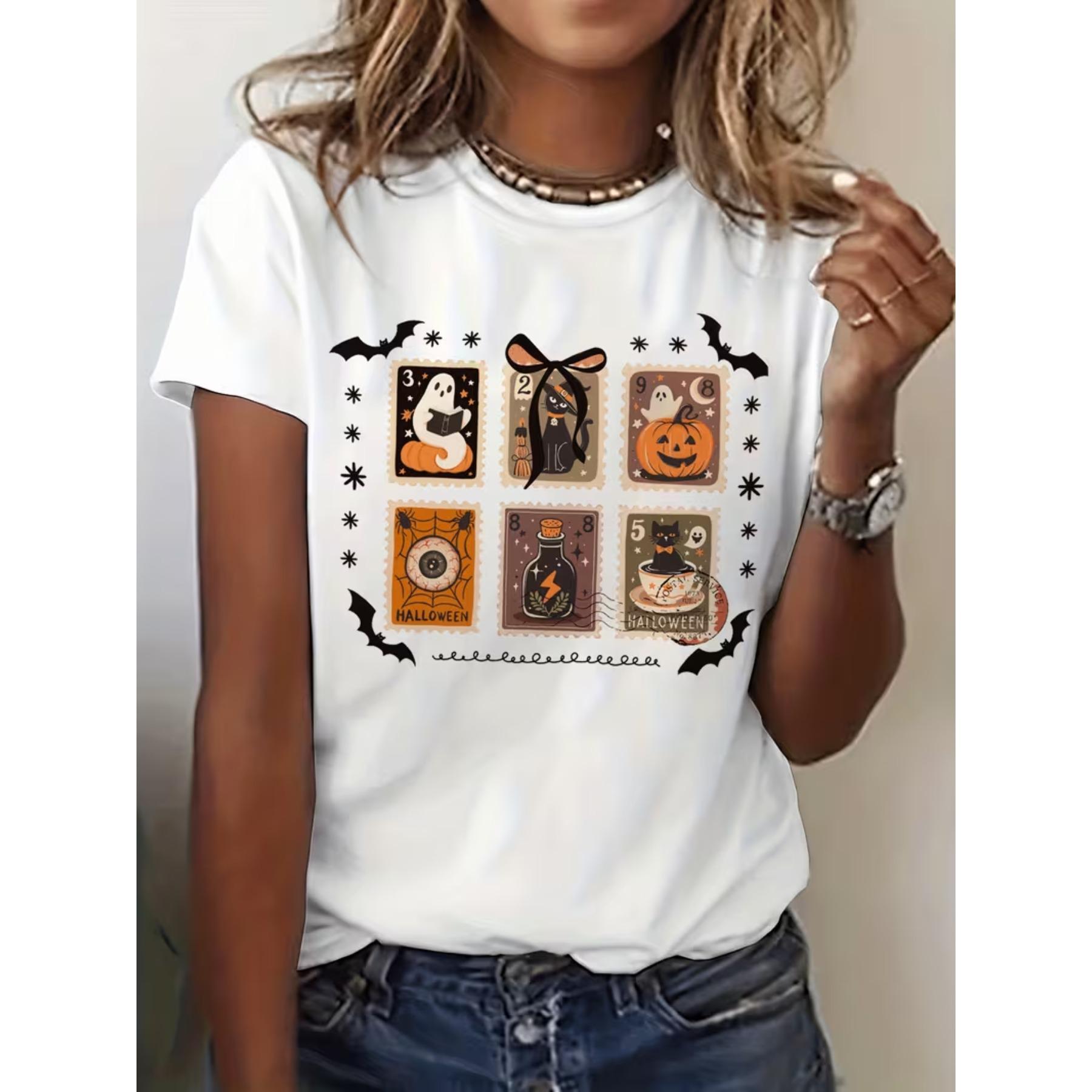 

Women s Postage Stamp Halloween T-Shirt - Short Sleeve Crew Neck Casual Blouse with Stamp for Themed Parties & Casual Attire Summer Spring Top XXL