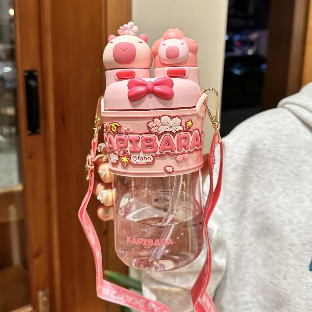 Capybara Cute Summer Kids Plastic Water Bottle for Students Girls kapibara Plastic Cup Portable Strap Children's Cup with Straw