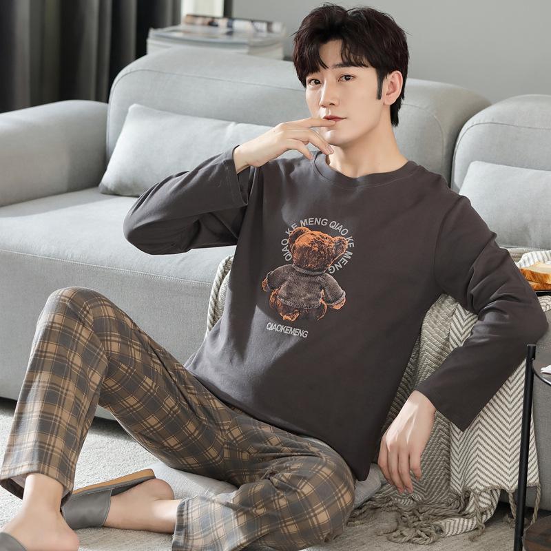 2023 Men's Cotton Pajamas: Long Sleeve Loose Fit for Spring, Autumn, and Winter with Print Design